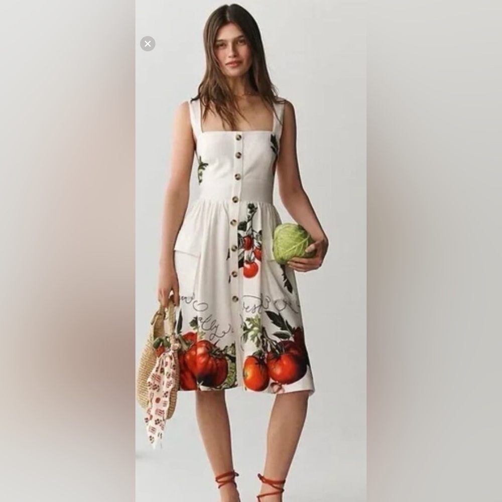 Anthropologie White Dress with Red Tomato Print